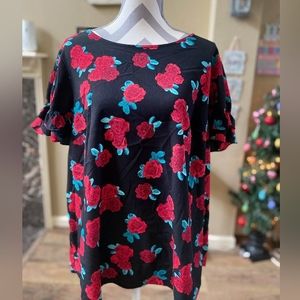 Black blouse with red roses flutter sleeve plus size 22